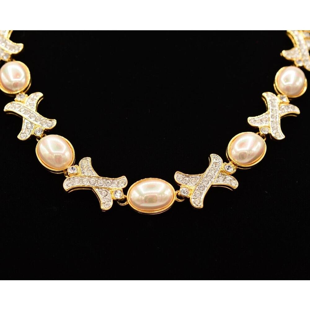 Nolan Miller Vintage Collar Necklace Rhinestone Crystal Pearl Gold Signed Bin7A